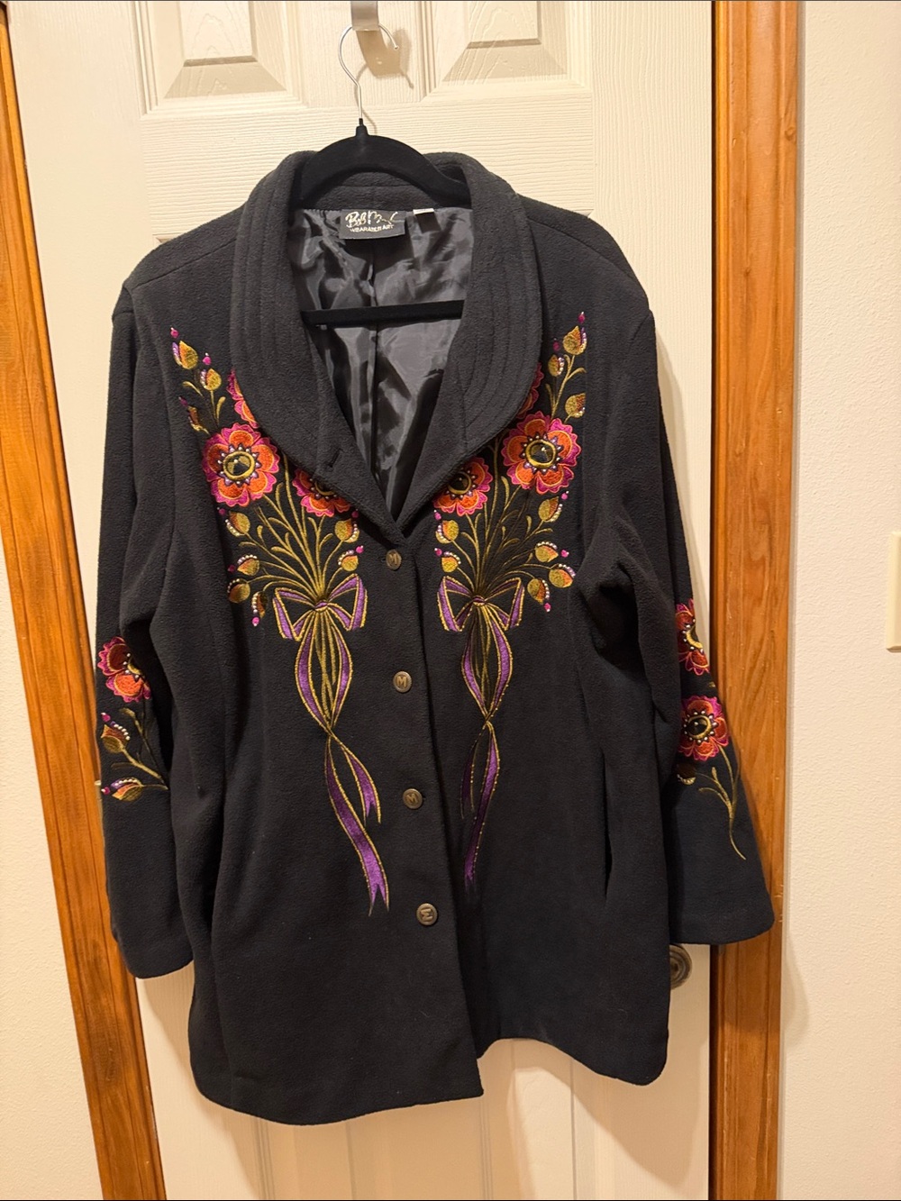 Bob Mackie Wearable Art Black Embroidered Fleece Jacket with Pockets XL